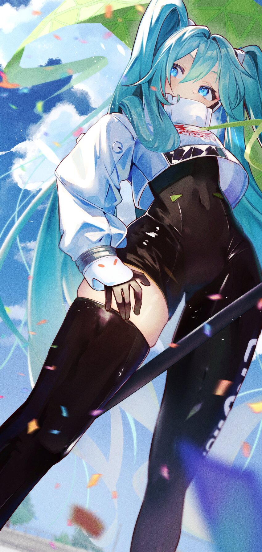 1girl absurdres aqua_hair asymmetrical_bodysuit black_bodysuit black_gloves blue_eyes bodysuit commentary confetti crop_top crop_top_overhang cropped_jacket feet_out_of_frame film_grain from_above gloves goodsmile_racing green_flag hair_between_eyes hand_on_own_thigh hatsune_miku high_collar highres inubangarou jacket long_hair looking_to_the_side race_queen racing_miku racing_miku_(2022) single_leg_bodysuit single_thighhigh skin_tight skindentation solo thighhighs twintails very_long_hair vocaloid white_jacket