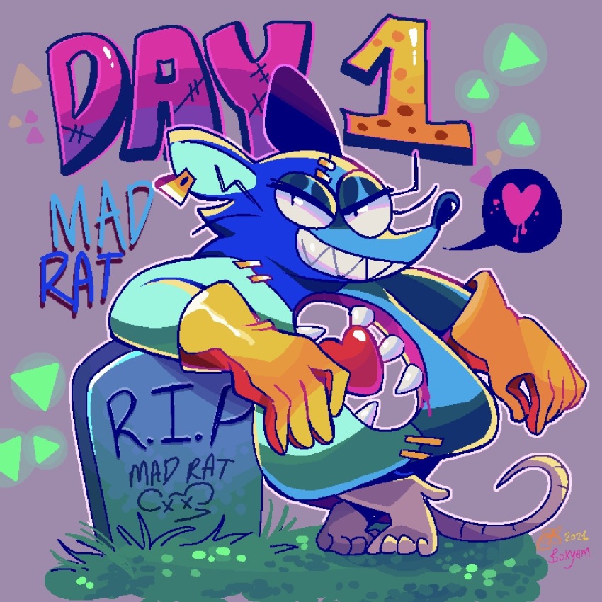 2boys boxyam character_name commentary dated ear_tag english_commentary english_text fangs gloves grass grey_background grin heart heart_(mad_rat_dead) highres hole_in_chest hole_on_body leaning_on_object mad_rat_(mad_rat_dead) mad_rat_dead multiple_boys rest_in_peace_(phrase) signature smile speech_bubble stitches tombstone v-shaped_eyebrows x_x yellow_gloves