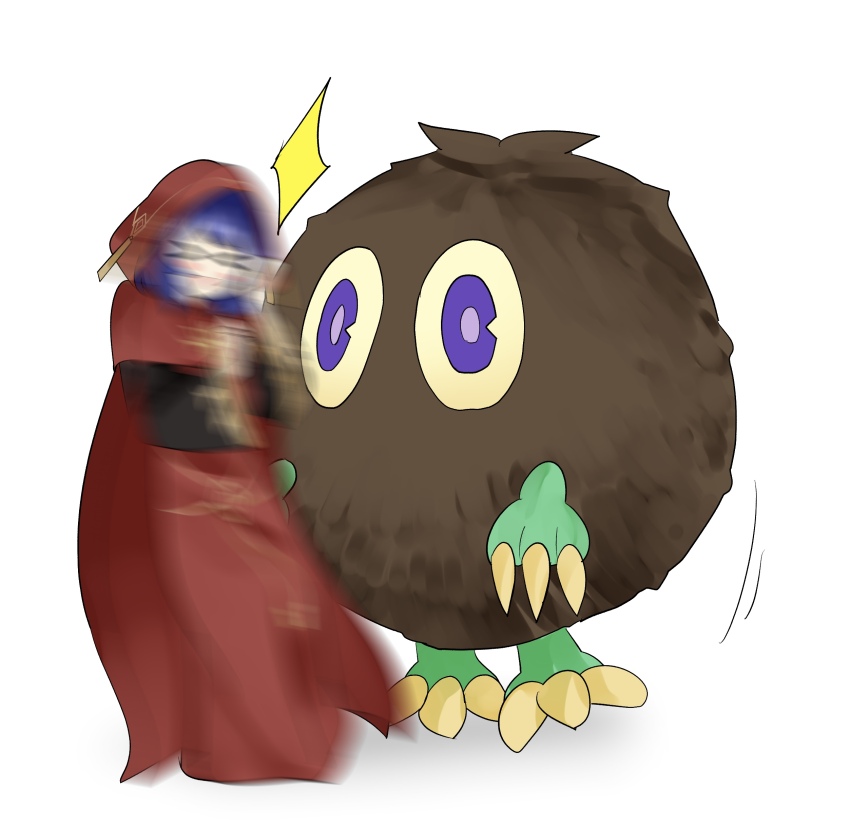 &gt;_&lt; 1girl 1other absurdres blue_hair bumping duel_monster full_body gameplay_mechanics highres kuriboh lo_the_prayers_of_the_voiceless_voice monster red_hood red_robe robe sawan_cutman white_background yu-gi-oh!