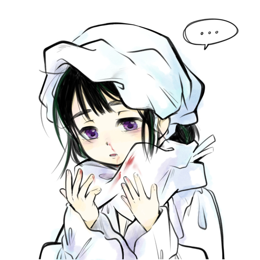 ... 1girl aged_down alien_stage black_hair blood bonnet child chinese_commentary commentary dress frilled_bonnet frills highres long_sleeves nosebleed open_mouth purple_eyes short_hair simple_background solo spoken_ellipsis sua_(alien_stage) white_background white_bonnet white_dress zhenzi_jiang
