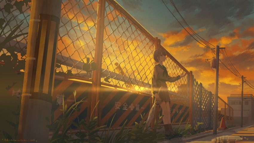 1girl absurdres black_shoes building cable chain-link_fence closed_mouth cloud fence full_body highres holding holding_umbrella long_sleeves looking_afar orange_sky original outdoors pleated_skirt power_lines sailor_collar scenery school_uniform shoes short_hair skirt sky socks solo standing sunlight sunset umbrella utility_pole water yoru_410
