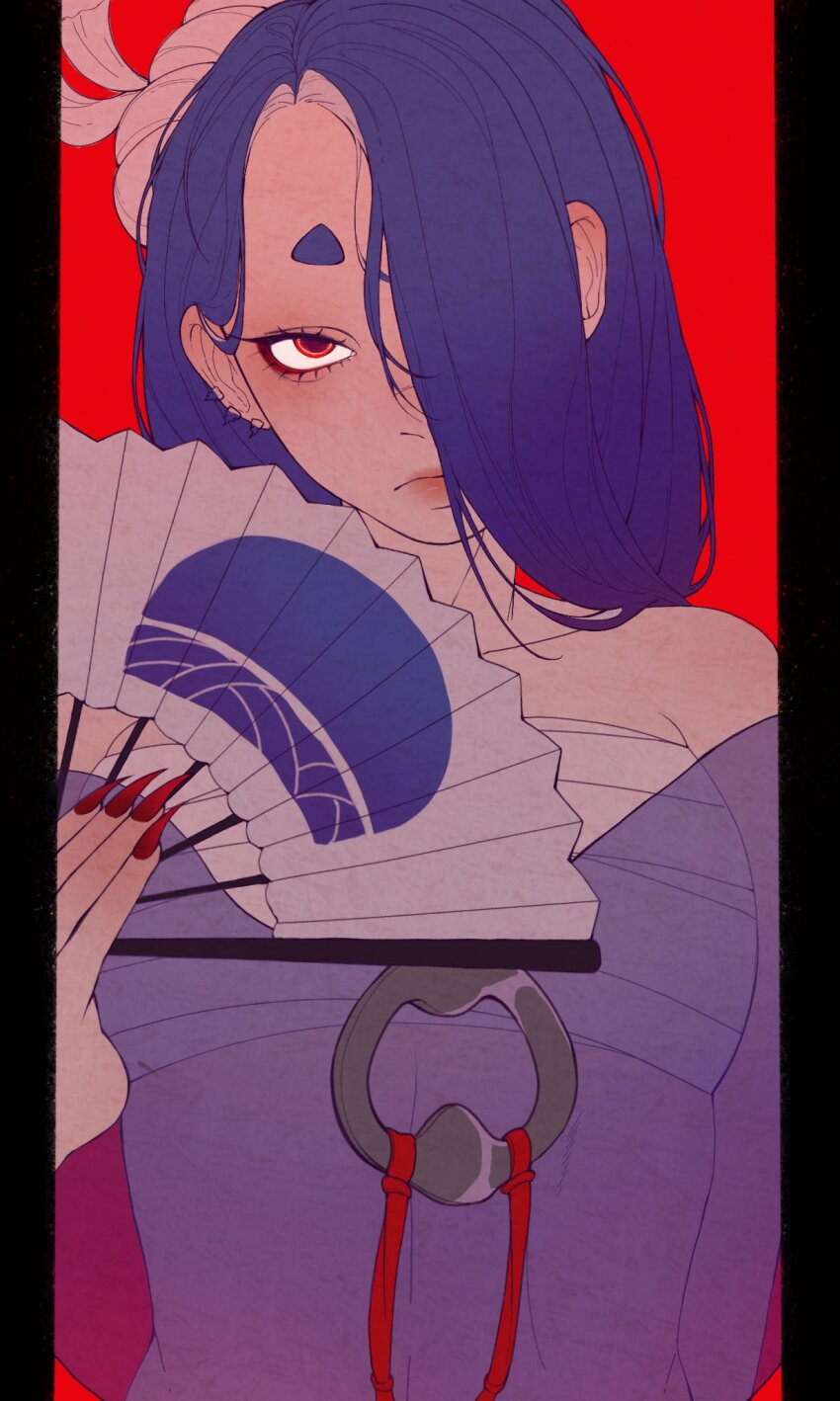 bare_shoulders blue_hair blue_shawl bonbondecitron chest_sarashi fingernails hair_over_one_eye hand_fan highres holding holding_fan humanization looking_at_viewer midriff nintendo print_folding_fan red_background red_eyes red_nails sarashi sharp_fingernails shawl shiver_(deep_cut_outfit)_(splatoon) shiver_(splatoon) splatoon_(series) splatoon_3 upper_body