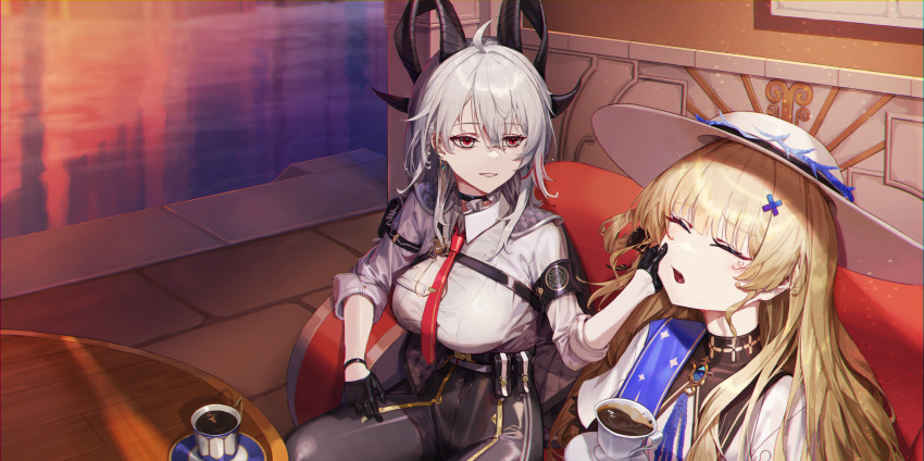 2girls absurdres ahoge arm_pouch armband black_armband black_choker black_collar black_gloves black_horns black_jacket black_pants black_pouch blonde_hair blue_sash breasts cheek_pull chest_harness choker closed_eyes collar collared_shirt commentary couch cup curled_horns earrings english_commentary gloves grey_hair hair_ornament harness hat high-waist_pants highres horns jacket jacket_on_shoulders jewelry key_earrings large_breasts lift_(user_futf5375) long_hair looking_at_another multicolored_hair multiple_girls necktie on_couch open_mouth pants parted_lips phoebe_(wuthering_waves) red_eyes red_necktie sash shirt sitting smile streaked_hair teacup tight_clothes tight_pants white_hat white_shirt wuthering_waves x_hair_ornament zani_(wuthering_waves)