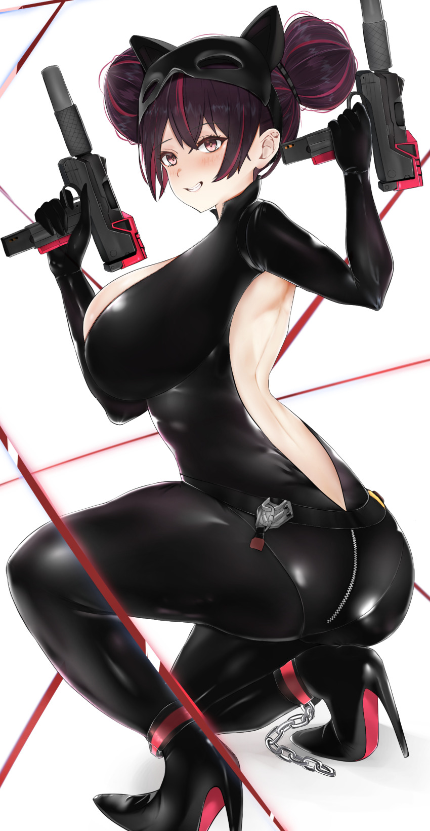 1girl alternate_costume ass black_hair blush bodysuit breasts double_bun dual_wielding from_behind gloves goddess_of_victory:_nikke grin gun hair_bun high_heels holding large_breasts looking_at_viewer looking_back mac-10/11 multicolored_hair pokko_(mochimochi_poyo) quency_(escape_queen)_(nikke) quency_(nikke) red_eyes red_hair short_hair sideboob skin_tight smile solo squatting submachine_gun suppressor weapon