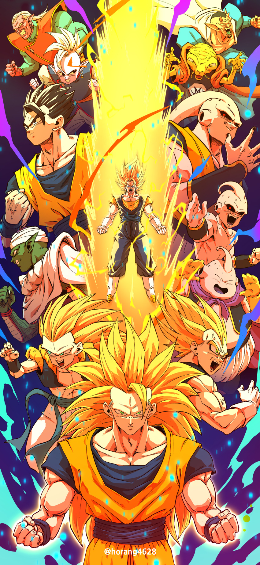 6+boys absurdres aura babidi black_hair black_sclera blonde_hair blue_pants blue_shirt boots cape capelet closed_eyes colored_sclera colored_skin commentary_request dabura demon dougi dragon_ball dragonball_z electricity everyone facial_mark fangs fat fat_buu fat_man fewer_digits forehead_mark gloves gotenks green_eyes green_skin highres horang4628 horns kibito kid_buu korean_commentary long_hair majin_buu majin_vegeta male_focus medium_hair mohawk multiple_boys muscular muscular_male namekian orange_shirt pants piccolo pink_skin pointy_ears potential_unleashed powering_up purple_capelet purple_skin red_eyes red_skin saiyan shin_(dragon_ball) shirt short_hair son_gohan son_goku spiked_hair super_buu super_saiyan super_saiyan_2 super_saiyan_3 turban twitter_username vegeta vegetto veins white_cape white_footwear white_gloves white_hair