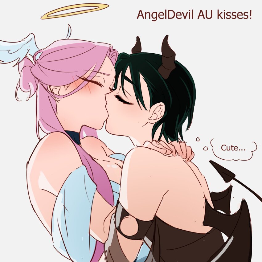 2girls absurdres alien_stage alternate_costume angel_and_devil black_hair black_tail black_wings closed_eyes commentary demon_horns demon_tail demon_wings english_commentary english_text halo head_wings highres horns kiss kuradrawings long_hair mizi_(alien_stage) multiple_girls pink_hair short_hair sua_(alien_stage) tail traditional_halo white_wings wings yuri