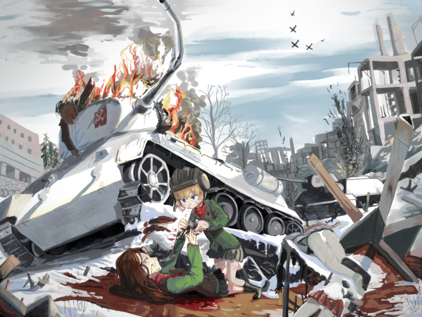 2girls airplane bare_legs blonde_hair blood brown_hair building corpse crying destruction emblem fighter_plane fire girls_und_panzer green_jacket gun guro handgun helmet holding holding_gun holding_weapon jacket katyusha_(girls_und_panzer) long_hair military_vehicle miniskirt motor_vehicle multiple_girls nonna_(girls_und_panzer) pravda_(emblem) pravda_military_uniform pravda_school_uniform propeller_fighter red_shirt red_skirt revolver robert_ryu school_uniform shirt short_hair skirt smoke t-34 t-34-85 tank tearing_up tears war weapon weapon_request