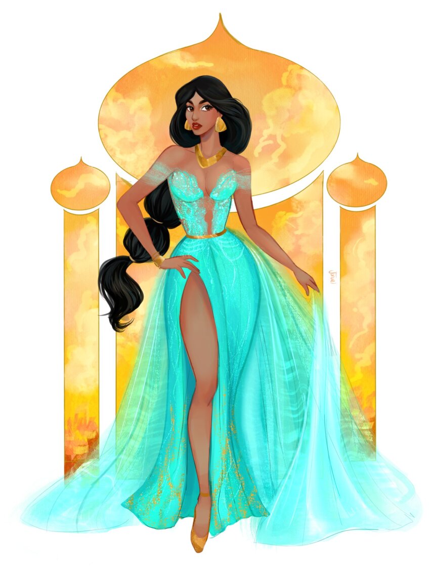 1girl aladdin_(movie) aqua_dress black_hair commentary dress earrings english_commentary full_body hand_on_own_hip highres jasmine_(disney) jewelry jonuelsketch necklace off-shoulder_dress off_shoulder parted_lips ponytail red_lips shoes side_slit solo yellow_shoes