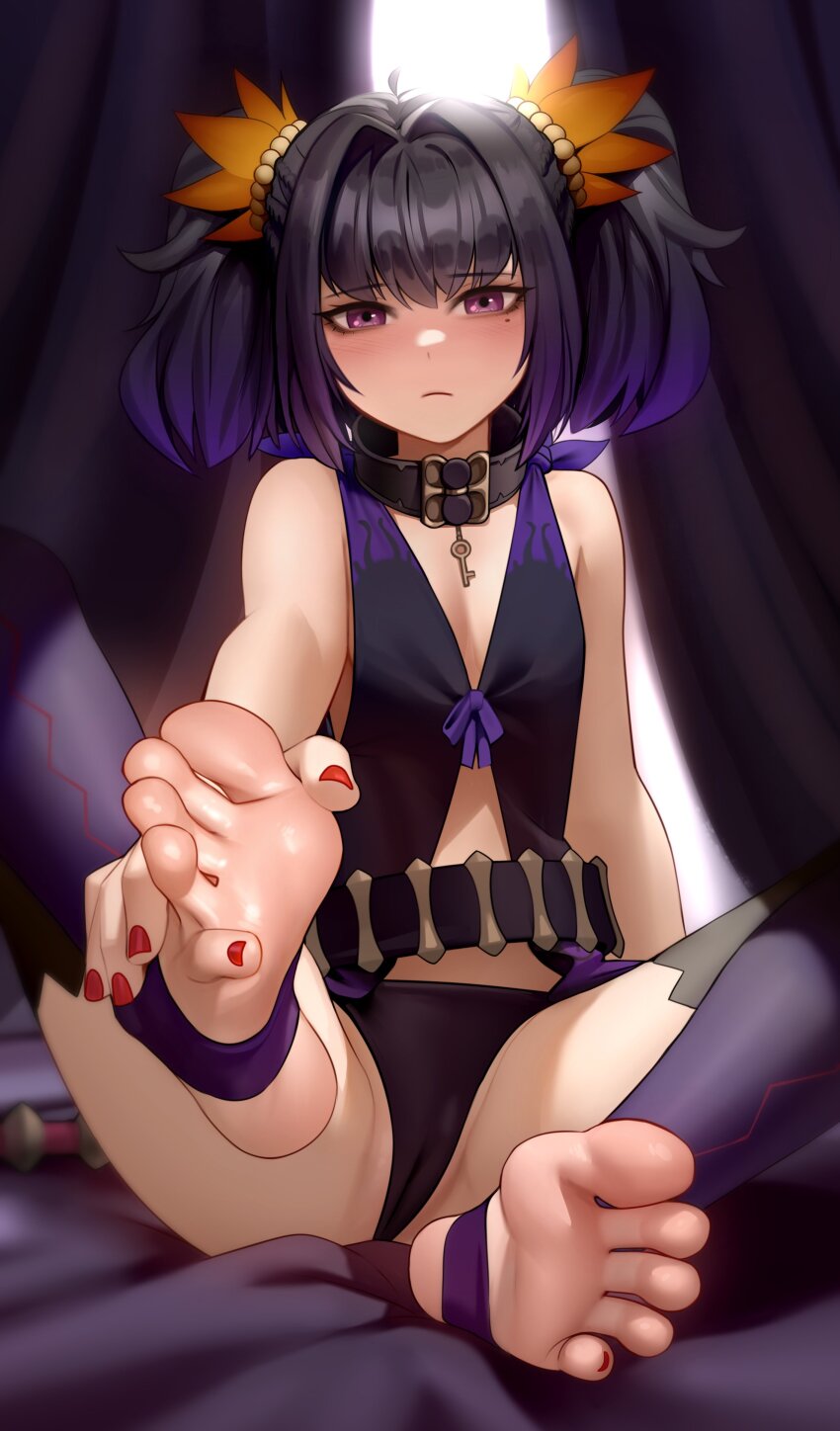 1girl absurdres belt black_choker blush bracelet braid cameltoe choker commission curtains feet flower foot_focus frown hair_flower hair_ornament hand_on_own_foot highres jewelry kairunoburogu looking_at_viewer micro_shorts mole mole_under_eye nail_polish purple_eyes purple_hair red_nails revealing_clothes shorts sideless_outfit sitting soles solo stirrup_footwear symonne_(tales) tales_of_(series) tales_of_zestiria thighhighs twintails