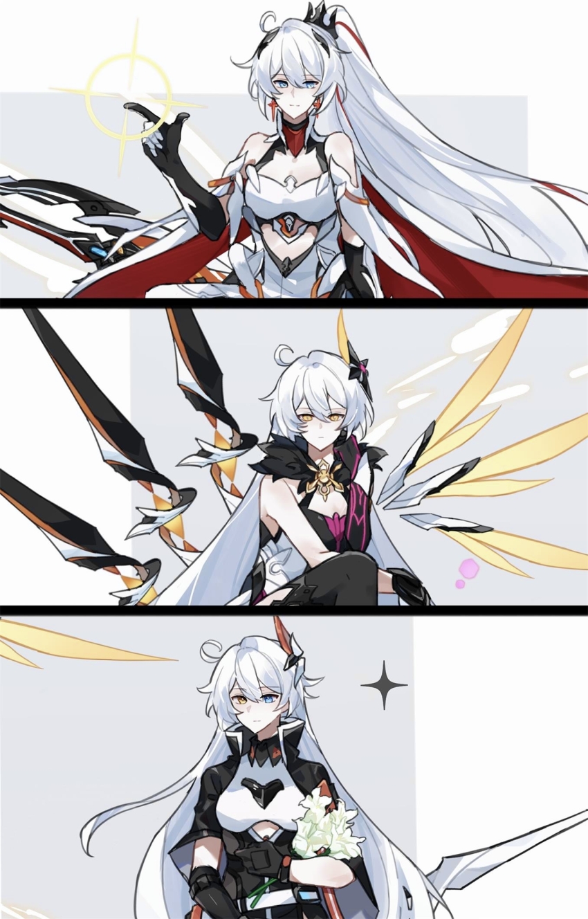 3girls bare_shoulders black_gloves black_jacket blue_eyes chinese_commentary commentary_request dress energy_wings fur_collar gloves heterochromia high_ponytail highres honkai_(series) honkai_impact_3rd jacket kiana_kaslana kiana_kaslana_(herrscher_of_flamescion) kiana_kaslana_(herrscher_of_the_void) kiana_kaslana_(void_drifter) lance long_hair multiple_girls polearm ponytail shirt shiying_no_yao snapping_fingers very_long_hair weapon white_dress white_hair white_shirt yellow_eyes yellow_wings
