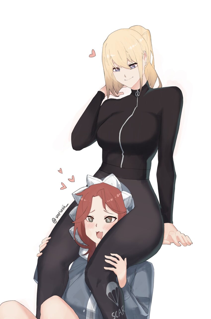 +_+ 2girls black_bodysuit blonde_hair blush bodysuit breasts carrying cheryl_(girls&#039;_frontline) closed_mouth drooling feet_out_of_frame girls&#039;_frontline grey_eyes heart highres large_breasts medium_breasts multiple_girls open_mouth pajamas piggyback red_hair scar-h_(girls&#039;_frontline) simple_background smile thighs turtleneck turtleneck_bodysuit twitter_username variasii white_background