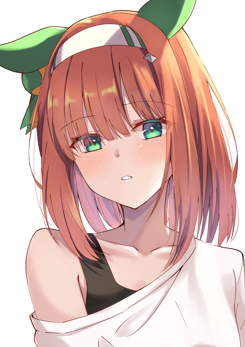 1girl absurdres alternate_hair_length alternate_hairstyle animal_ears collarbone ear_covers green_eyes hairband highres horse_ears horse_girl looking_at_viewer orange_hair pandoa_(mikage0495) parted_lips shirt short_hair silence_suzuka_(umamusume) simple_background solo umamusume white_background white_hairband white_shirt