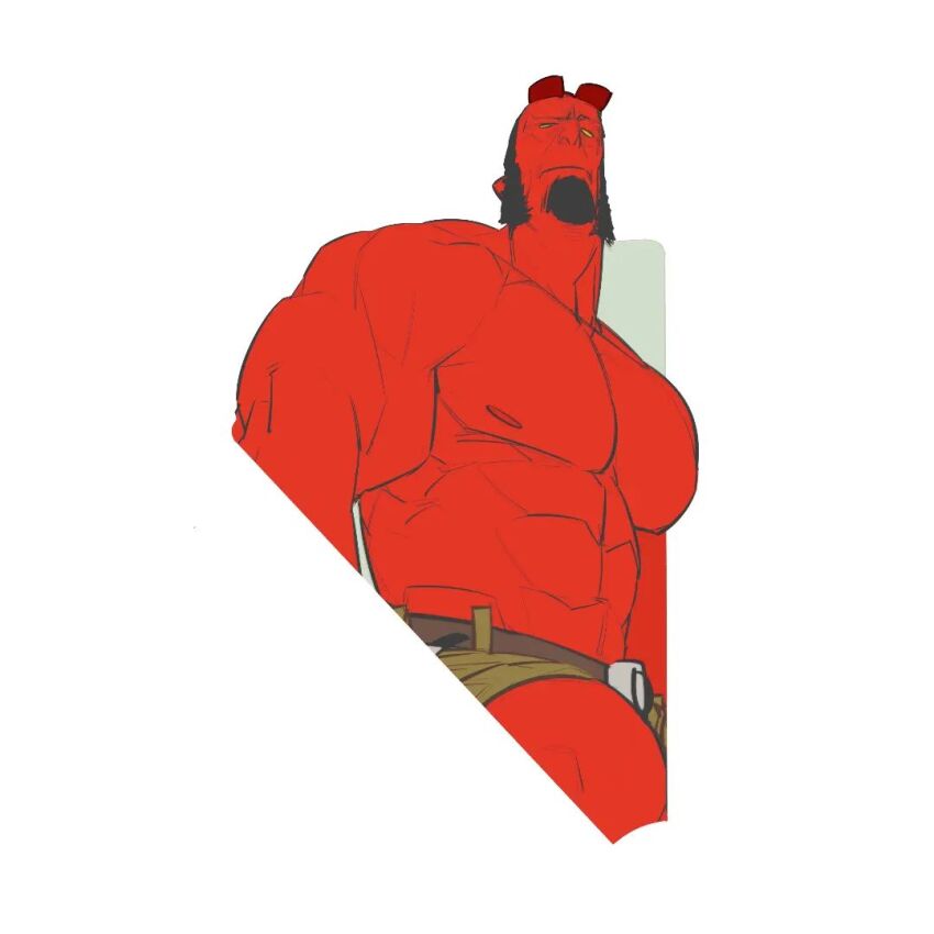 1boy abs bara black_hair broken_horn colored_skin cropped_legs demon_boy facial_hair from_below goatee head_tilt hellboy hellboy_(comic) horns huge_pectorals liyamou male_focus muscular muscular_male mutton_chops navel red_skin short_shorts shorts solo strongman_waist thighs topless_male yellow_eyes