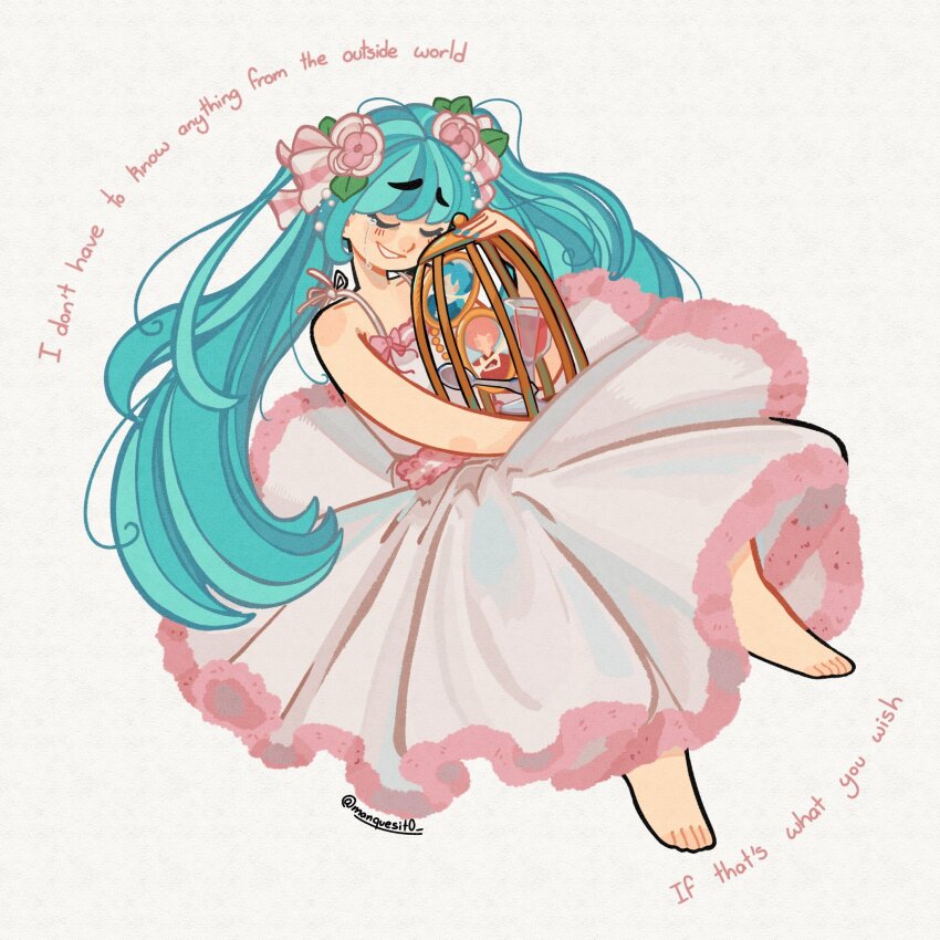 1girl aqua_eyes barefoot bow cage clockworker&#039;s_doll crying dress dress_bow evillious_nendaiki flower four_mirrors_of_lucifenia frilled_dress frills glass_of_conchita hair_flower hair_ornament hakoniwa_no_shoujo_(vocaloid) happy_tears highres holding holding_cage houtei_no_nushi hugging_object irina_clockworker long_hair lyrics manque marlon_spoon michelle_marlon pink_bow pink_dress pink_flower portrait smile solo spaghetti_strap streaming_tears tears twintails very_long_hair vessel_of_sin vocaloid