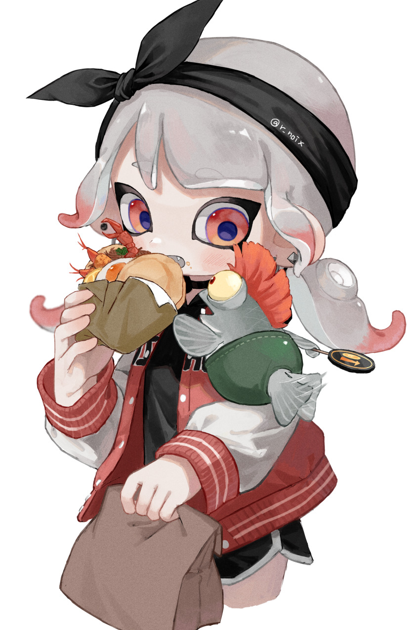 1girl absurdres bag black_bow black_hairband black_shorts bow bow_hairband commentary_request eating egg fang food gradient_hair grey_hair grey_trim hair_bow hairband highres holding holding_bag jacket letterman_jacket long_hair low_twintails multicolored_hair myon_rio nintendo octoling octoling_girl octoling_player_character open_clothes open_jacket open_mouth red_eyes red_hair red_jacket short_shorts shorts shrimp shrimp_tempura simple_background smallfry_(splatoon) solo splatoon_(series) tempura tentacle_hair twintails two-tone_hair white_background white_sleeves