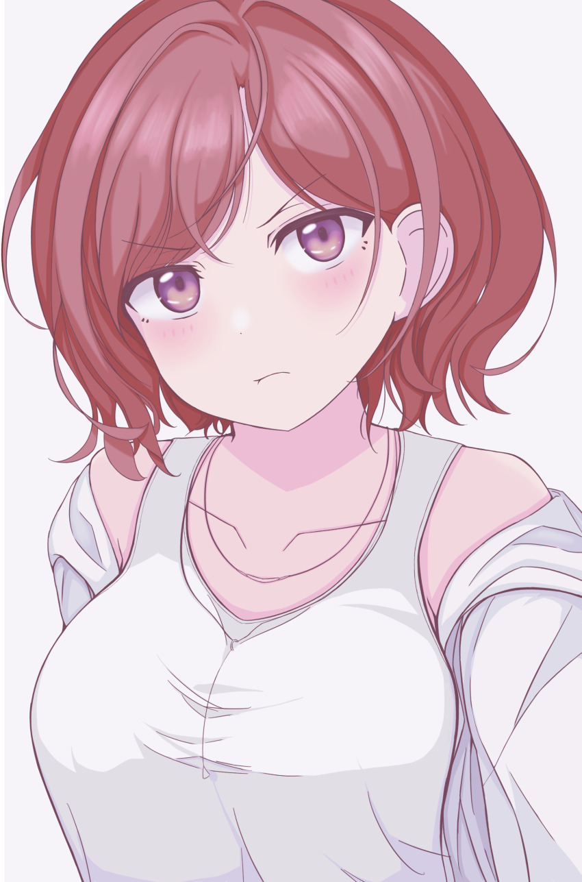 1girl absurdres breasts brown_hair closed_mouth collarbone gbr20210907 highres higuchi_madoka idolmaster idolmaster_shiny_colors looking_at_viewer medium_breasts mole mole_under_eye purple_eyes short_hair simple_background solo white_background