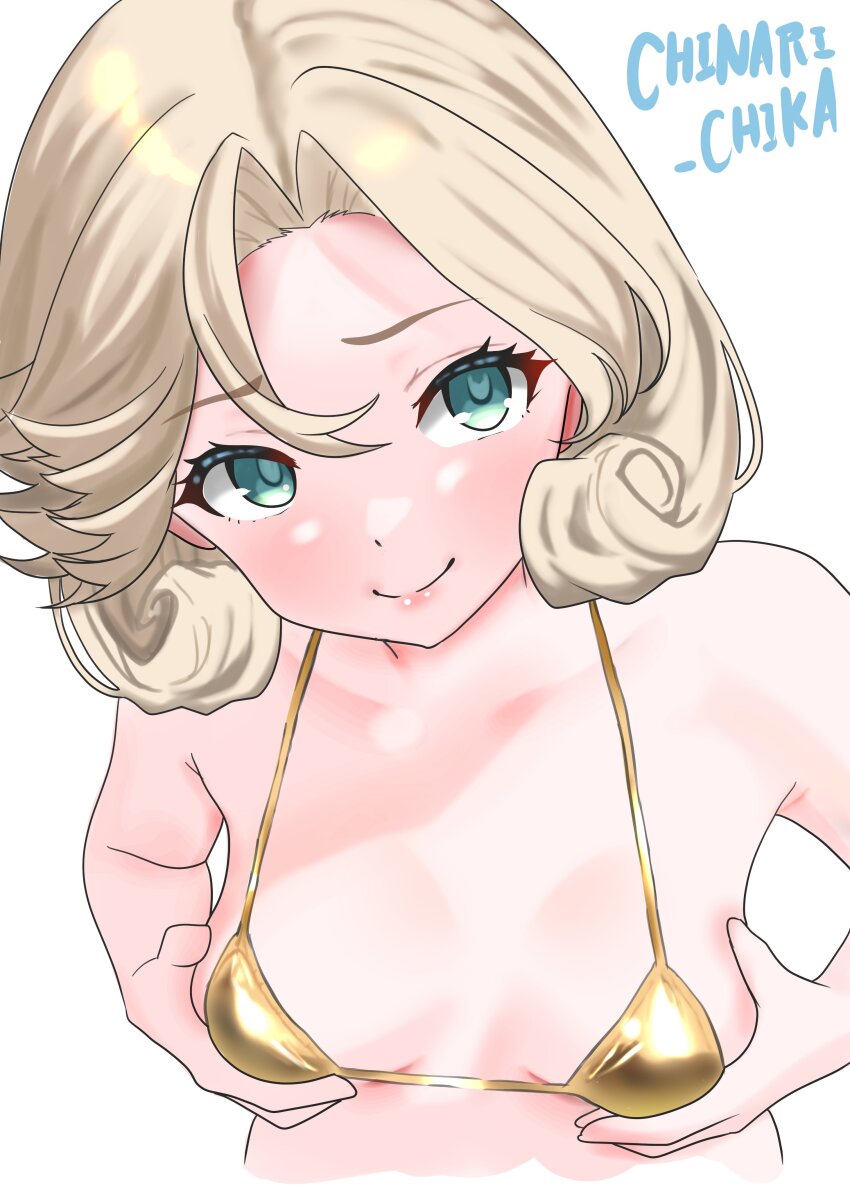 1girl absurdres artist_name bikini blonde_hair blue_eyes breast_conscious breasts chinari_(chinari_chika) gold_bikini grabbing_own_breast highres janus_(kancolle) kantai_collection looking_at_viewer one-hour_drawing_challenge short_hair simple_background small_breasts smile solo swimsuit upper_body white_background