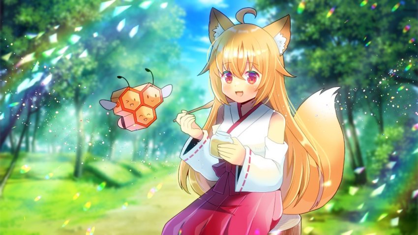 &gt;_o 1girl :d ;d ^_^ ahoge animal_ear_fluff animal_ears bare_shoulders blonde_hair blurry blurry_background closed_eyes closed_mouth combee commentary_request commission copyright_request day depth_of_field detached_sleeves fox_ears fox_girl fox_tail gen_4_pokemon hair_between_eyes hakama hakama_skirt holding holding_spoon japanese_clothes kimono kou_hiyoyo long_hair long_sleeves nintendo one_eye_closed open_mouth outdoors pokemon pokemon_(creature) red_eyes red_hakama ribbon-trimmed_sleeves ribbon_trim skeb_commission skirt sleeveless sleeveless_kimono sleeves_past_wrists smile spoon tail tree very_long_hair white_kimono white_sleeves wide_sleeves wooden_spoon |_|
