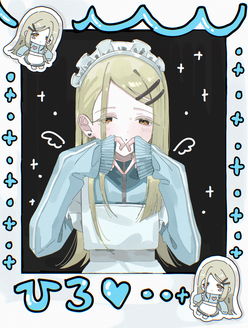 1girl four-finger_heart_hands absurdres alternate_costume apron asymmetrical_sidelocks blonde_hair blush character_name chibi chibi_inset commentary earrings enmaided fake_photograph flipped_hair gakuen_idolmaster heart heart_hands highres idolmaster jacket jersey_maid jewelry long_hair long_sleeves looking_at_viewer maid maid_apron maid_headdress multiple_views na_yaa0_0 shinosawa_hiro stud_earrings swept_bangs track_jacket unconventional_maid upper_body white_apron