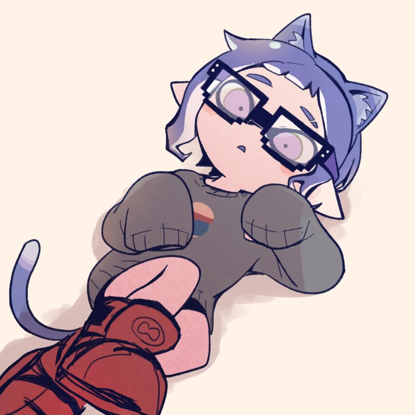 1girl animal_ears cat_ears cat_girl cat_tail glasses highres inkling inkling_girl inkling_player_character long_sleeves looking_at_viewer lying nintendo on_back purple_eyes purple_hair solo splatoon_(series) splatoon_3 tail yunxd