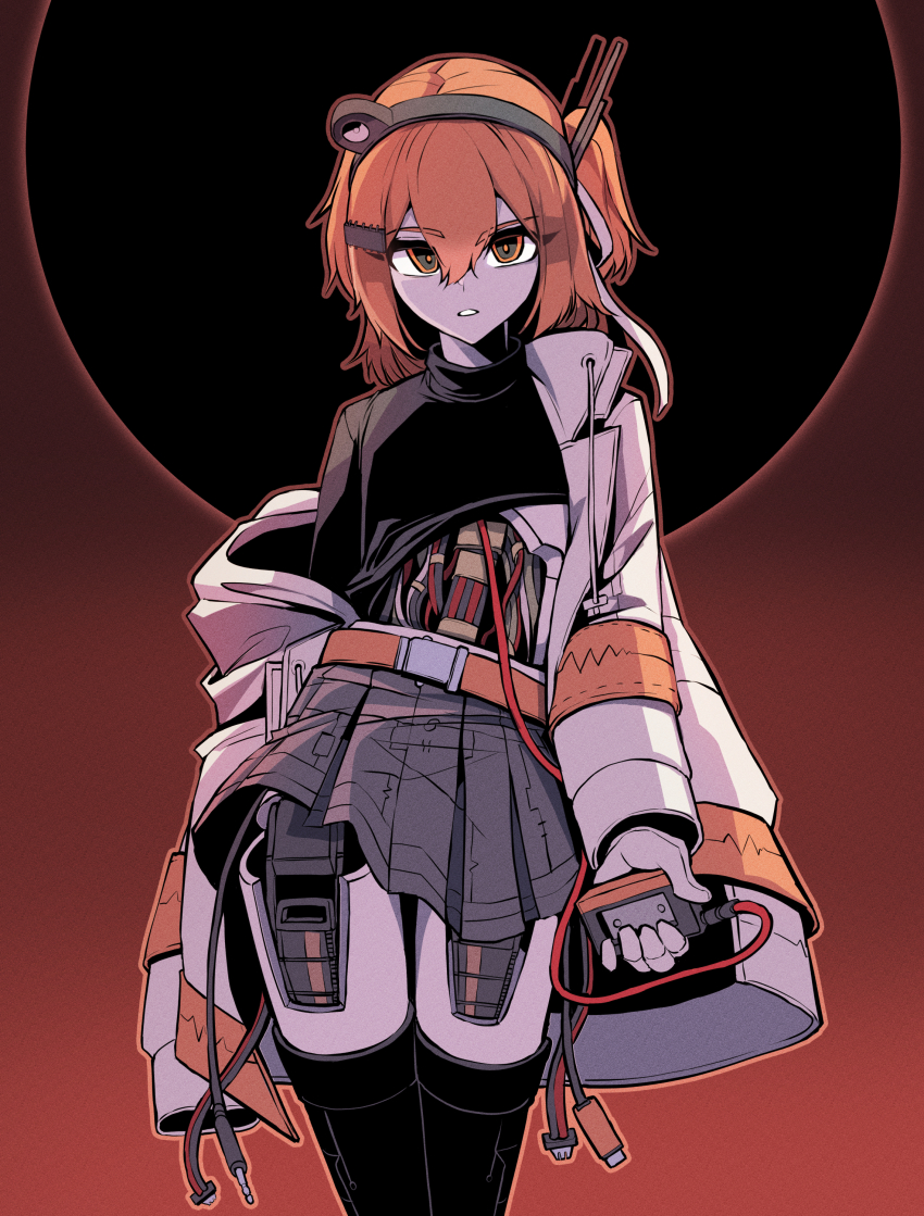 1girl a.i._voice absurdres adachi_rei android belt black_shirt black_thighhighs cable cassette_player clothes_lift cowboy_shot grey_skirt hair_between_eyes highres holding jacket joints long_sleeves looking_at_viewer mechabare medium_hair miniskirt one_side_up open_clothes open_jacket orange_belt orange_eyes orange_hair parted_lips pleated_skirt robot_joints shirt shirt_lift single_off_shoulder skirt solo standing thighhighs turtleneck utau vocaloid white_jacket yogert_chip