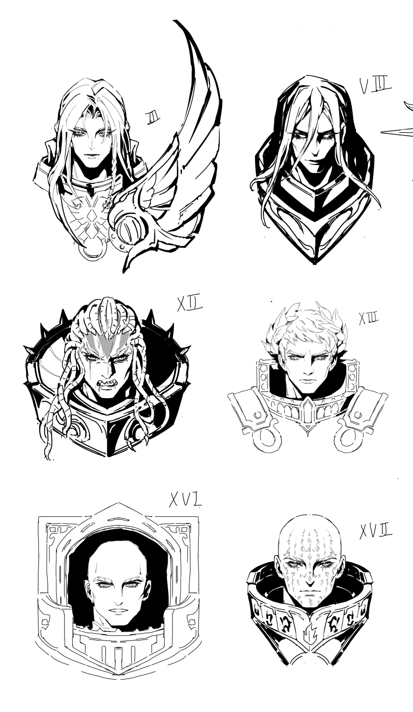 6+boys absurdres angron armor armor_of_mars_(warhammer) bald black_legion closed_mouth commentary dreadlocks emperor&#039;s_children english_commentary facial_tattoo fulgrim greyscale highres horus_lupercal konrad_curze laurel_crown long_hair lorgar_aurelian male_focus monochrome multiple_boys night_lords power_armor primarch roboute_guilliman roroco316 short_hair simple_background straight-on tattoo the_armor_of_the_word the_gilded_panoply the_nightmare_mantle the_serpent&#039;s_scales_(warhammer) ultramarines warhammer_40k word_bearers world_eaters