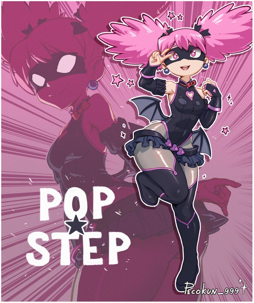 1girl armpits artist_name ass bare_shoulders black_boots black_gloves black_mask black_ribbon boku_no_hero_academia boots border breasts bridal_gauntlets bright_pupils closed_mouth clothing_cutout commentary cowboy_shot demon_wings domino_mask earrings elbow_gloves english_commentary eye_mask fluffy_hair foot_up frilled_gloves frilled_skirt frills from_behind full_body gloves grey_pantyhose hair_ribbon hair_up halftone halftone_background haneyama_kazuho heart_cutout highleg highleg_leotard highres jewelry leotard low_wings lowleg lowleg_skirt mask microskirt narrow_waist notice_lines outline pantyhose parted_lips pecokun_999 pink_eyes pink_hair pink_trim ribbon signature skirt sleeveless_turtleneck_leotard small_breasts smile solo sparkle standing standing_on_one_leg star_(symbol) superhero_costume thick_thighs thigh_boots thighs twintails twisted_torso v v_over_eye vigilante_-boku_no_hero_academia:_illegals- white_border white_eyes white_outline white_pupils wide_hips wings