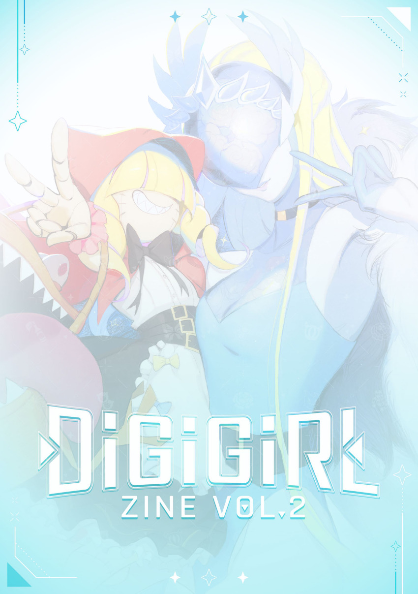 2girls absurdres blonde_hair cendrillmon chaperomon digimon digimon_(creature) highres mask multiple_girls smile