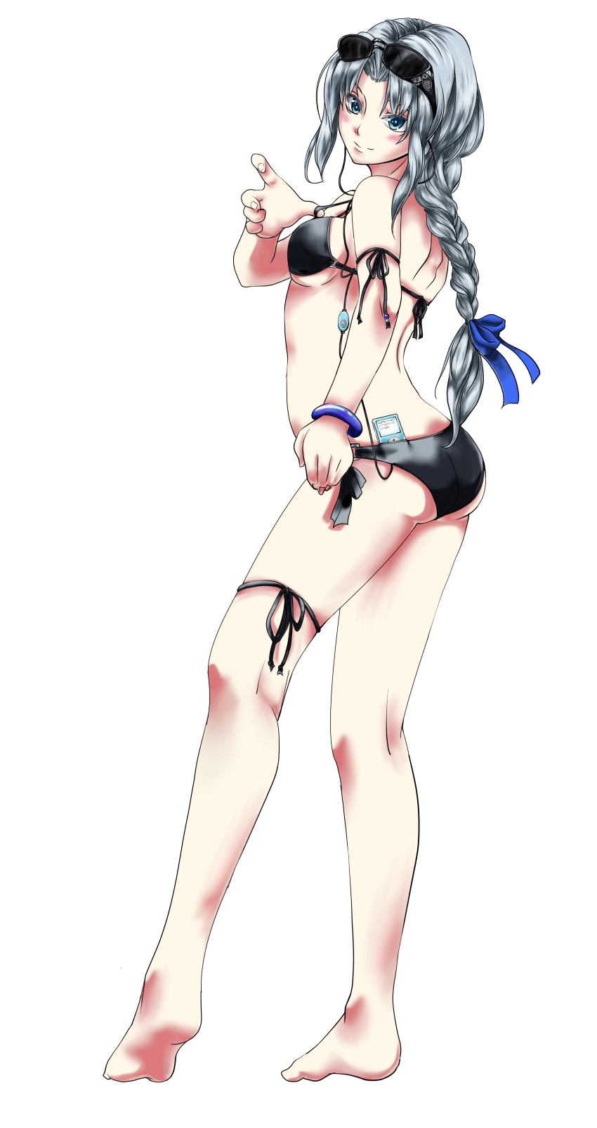 1girl absurdres bad_anatomy bad_id bad_pixiv_id barefoot bikini black_bikini blue_eyes braid digital_media_player eyewear_on_head feet female_focus hair_ribbon highres ipod long_hair looking_back object_in_clothes object_in_swimsuit ribbon ruuto_(sorufu) silver_hair solo sunglasses swimsuit thigh_strap touhou yagokoro_eirin