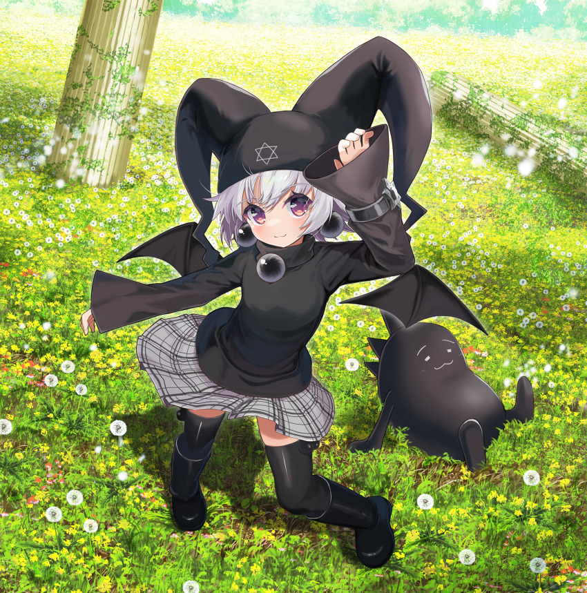 1girl 1other arm_up bat_wings black_boots black_hat black_shirt black_sweater black_thighhighs black_wings boots breasts commentary_request dandelion detached_wings earrings floating_clothes flower from_above grass hat hexagram highres jewelry kuro_unyuu looking_at_viewer looking_up mayura naox orb pillar plaid_clothes plaid_skirt pleated_skirt purple_eyes shirt short_hair skirt small_breasts smile sphere_earrings star_of_david sweater thighhighs ukagaka white_hair white_skirt wings zettai_ryouiki