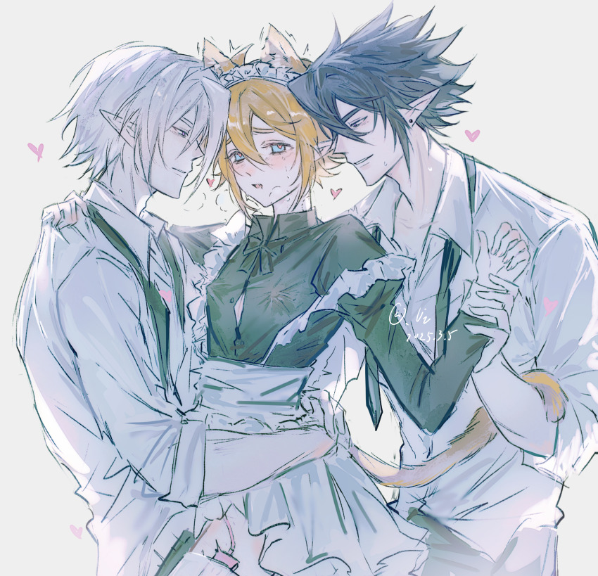 3boys absurdres alternate_costume anal animal_ears aotu_world apron artist_name black_hair blonde_hair blue_eyes blush boy_sandwich cat_boy cat_ears cat_tail closed_eyes crossdressing crossdressing_(mtf) dated dress enmaided frills grey_(aotu_world) grey_hair group_sex hair_between_eyes heart highres jewelry kemonomimi_mode king_(aotu_world) long_sleeves maid maid_apron maid_headdress male_focus male_maid mmm_threesome multiple_boys necktie open_mouth parted_lips plutoray pointy_ears purple_eyes ray_(aotu_world) sandwiched shirt short_hair simple_background smile spiked_hair sweat tail tears threesome white_apron white_hair white_shirt yaoi