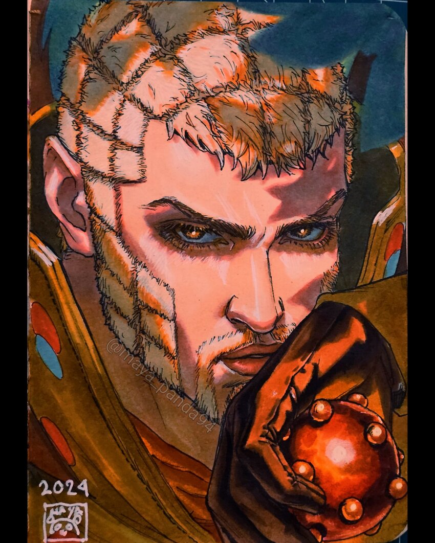 1boy ball blonde_hair brown_gloves cube_hair_ornament facial_hair gloves hair_ornament high_collar highres holding holding_ball jojo_no_kimyou_na_bouken long_mustache looking_at_viewer male_focus maya_panda mustache orange_eyes orange_shirt parted_lips shirt signature solo steel_ball_(jojo) steel_ball_run wekapipo