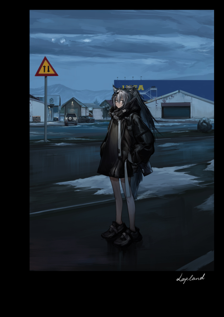 1girl animal_ear_fluff animal_ears arknights black_border black_jacket black_shoes border building car character_name cloud cloudy_sky commentary_request day grey_eyes grey_hair hair_between_eyes hair_ornament hairclip hands_in_pockets high_collar highres ikea jacket kuroinu9 lappland_(arknights) long_hair long_sleeves motor_vehicle mountain name_connection outdoors ponytail puffy_long_sleeves puffy_sleeves road road_sign shoes sign sky snow solo standing street sweden tail window