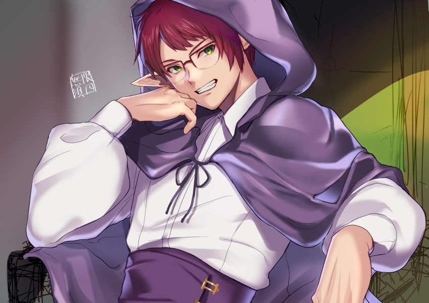 1boy arm_up cloak commentary_request glasses green_eyes grin head_rest highres hood hooded_cloak male_focus mugen_no_sudadokei original over-rim_eyewear pointy_ears purple_cloak red_hair semi-rimless_eyewear signature smile solo throne upper_body