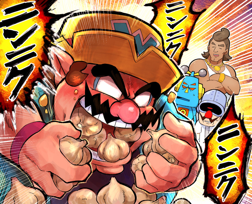 4boys blank_eyes brown_hair cleft_chin crossed_arms dr._crygor facial_hair food_in_mouth garlic gold_necklace hat highres hoshi_(star-name2000) jewelry lab_coat mike_(warioware) mr._sparkles multiple_boys mustache necklace nintendo pointy_ears robot shirt wario warioware warioware:_move_it! white_shirt yellow_hat