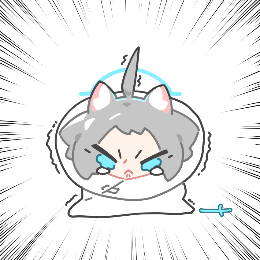 1girl :&lt; absurdres ahoge animal_ears blue_archive blue_eyes blue_halo chibi cross_hair_ornament emphasis_lines foreclosure_task_force_(blue_archive) forehead grey_hair hair_ornament halo highres ishikoro24 kemonomimi_mode pet_cone shiroko_(blue_archive) short_hair simple_background tearing_up tears trembling upright_ahoge v-shaped_eyebrows wavy_eyes white_background wolf_ears