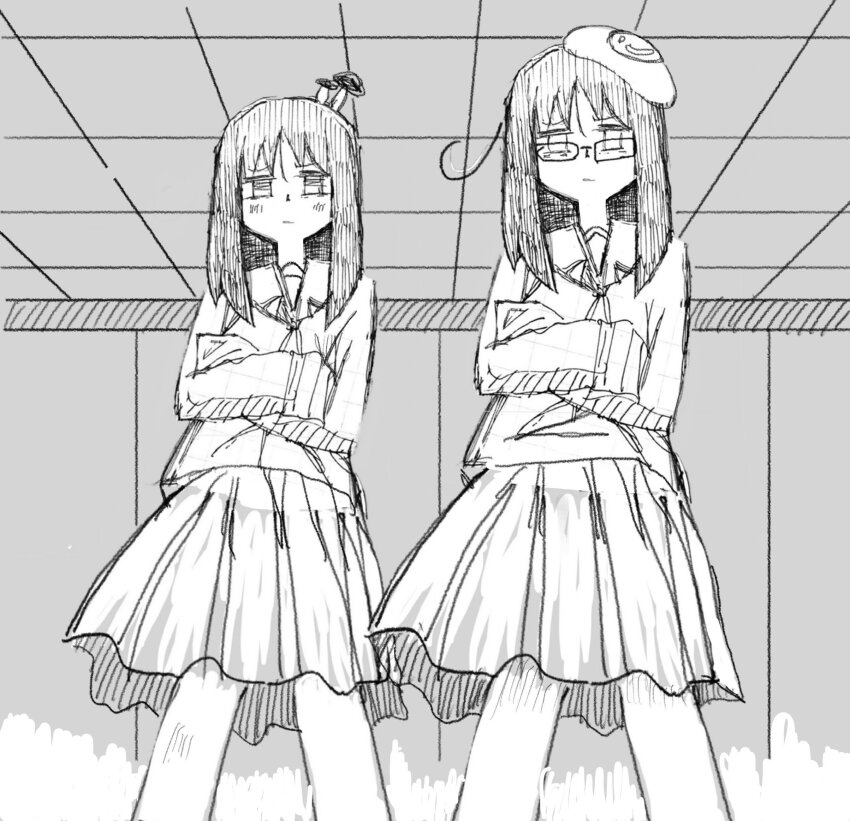 crossed_arms egg food food_on_head fried_egg glasses greyscale highres looking_at_viewer medium_hair mishima_yoshiharu monochrome mushroom mushroom_on_head object_on_head pleated_skirt sailor_collar school_uniform serafuku shimeji_simulation shirt skirt standing tsukishima_shijima yamashita_majime
