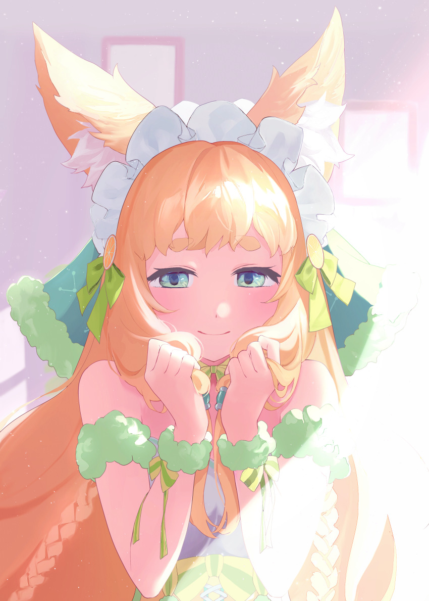 1girl absurdres animal_ear_fluff animal_ears bare_shoulders blonde_hair blue_dress blue_eyes blush bow braid character_request chiffon_(maimai) closed_mouth commentary_request dress food-themed_hair_ornament fox_ears fur_trim green_bow green_eyes hair_bow hair_ornament hands_up headdress highres holding holding_own_hair hukahito lemon_hair_ornament long_hair looking_at_viewer maimai_(game) neck_ribbon ribbon smile solo sunlight thick_eyebrows twin_braids upper_body wrist_cuffs