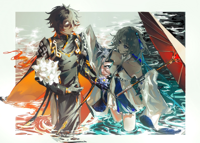 1boy 1girl absurdres black_gloves black_hair blue_eyes brown_hair changpao chinese_clothes couple detached_sleeves dress genshin_impact glaze_lily gloves grey_hair guizhong_(genshin_impact) hair_between_eyes hair_ornament halter_leotard halterneck hand_up hanfu highres holding holding_umbrella leotard long_hair long_sleeves low_ponytail official_alternate_costume ponytail sleeves_past_fingers sleeves_past_wrists tassel tassel_hair_ornament umbrella wading water white_dress wide_sleeves zaizaizai97643 zhongli_(genshin_impact) zhongli_(lantern_rite)_(genshin_impact)