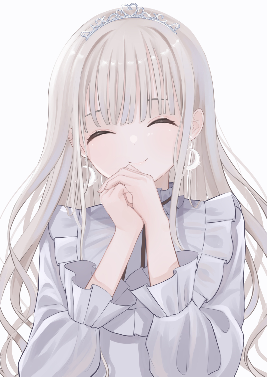 1girl absurdres black_ribbon blonde_hair blunt_bangs closed_eyes closed_mouth commentary_request crescent_moon dress facing_viewer frilled_dress frills highres long_hair long_sleeves moon neck_ribbon original own_hands_clasped own_hands_together ribbon sequins shirotae_nun simple_background smile solo tiara upper_body white_background white_dress
