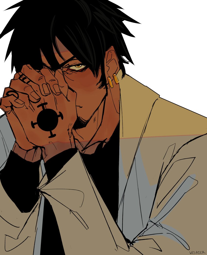 1boy absurdres artist_name black_hair black_shirt commentary earrings english_commentary facial_hair goatee hand_tattoo highres jewelry looking_at_viewer male_focus one_piece palms_together shirt short_hair sideburns simple_background solo tattoo trafalgar_law upper_body wesaier white_background yellow_eyes