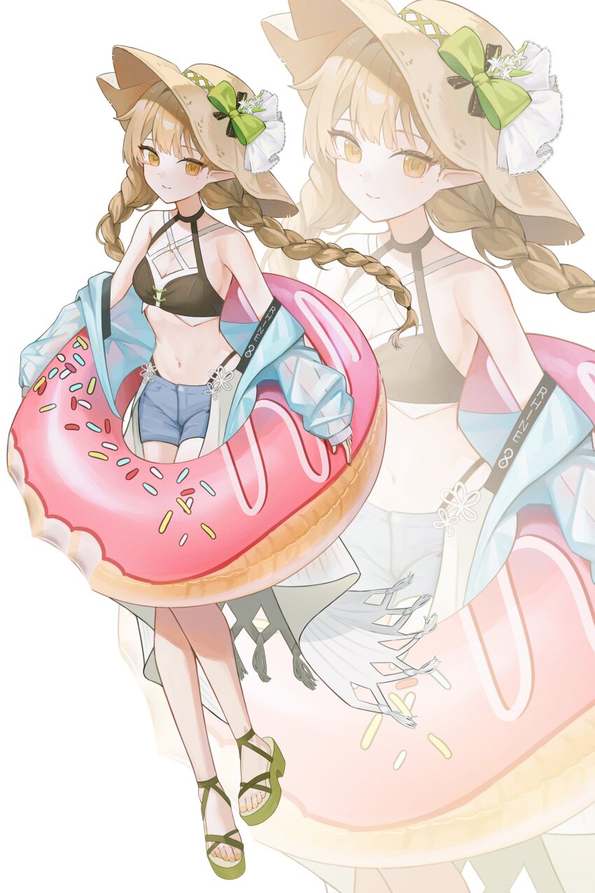 1girl absurdres alternate_costume alternate_hairstyle arknights bare_shoulders bikini bimo_(bimo_koa) black_bikini blonde_hair blue_jacket bow braid breasts cleavage closed_mouth commentary criss-cross_halter elf full_body green_bow green_sandals halterneck hat hat_bow highres holding holding_swim_ring innertube jacket looking_at_viewer mole mole_under_eye muelsyse_(arknights) navel o-ring o-ring_top off-shoulder_jacket off_shoulder open_clothes open_jacket platform_sandals pointy_ears sandals see-through_clothes see-through_jacket short_shorts shorts small_breasts smile solo stomach sun_hat swim_ring swimsuit twin_braids yellow_eyes