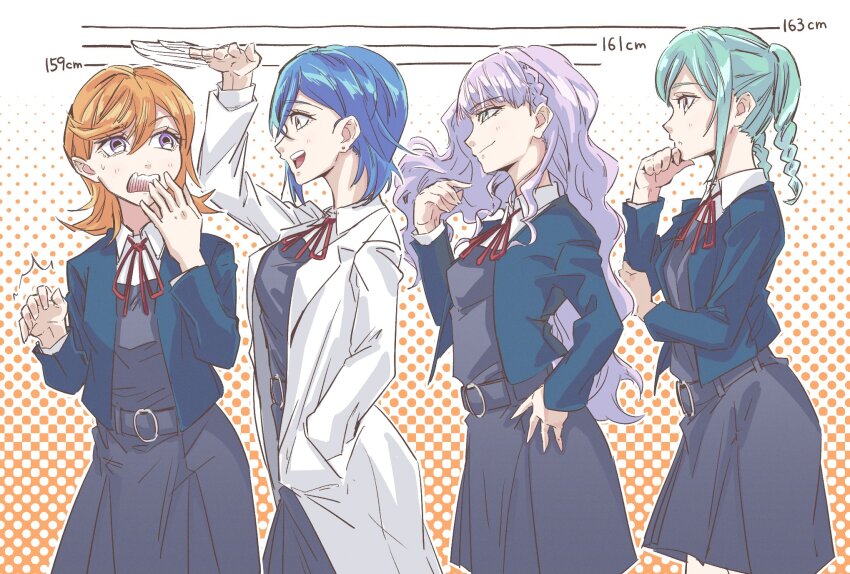 4girls :d aqua_hair belt blue_hair blue_jacket braid cani_pilaf closed_mouth collared_shirt commentary cowboy_shot dress earrings from_side green_eyes green_hair grey_dress halftone halftone_background hand_in_pocket hand_on_own_chin hand_on_own_face hand_on_own_hip height height_chart height_conscious height_difference height_mark highres horrified jacket jewelry lab_coat long_hair looking_at_another looking_up love_live! love_live!_superstar!! medium_hair multiple_girls neck_ribbon onitsuka_tomari open_mouth orange_background orange_hair outline panicking pink_eyes pink_hair profile purple_eyes red_ribbon ribbon school_uniform shibuya_kanon shirt sidelocks smile smug standing surprised twin_braids twintails wakana_shiki wavy_hair white_background white_outline white_shirt wien_margarete yellow_eyes yuigaoka_school_uniform