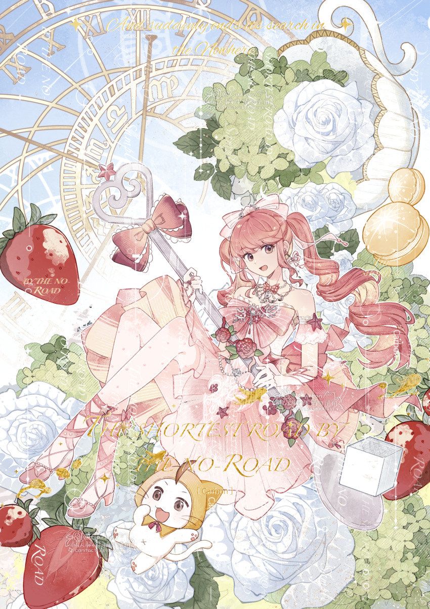1girl absurdres ahoge animal aquarius_(symbol) blue_sky blunt_bangs bow bowtie bridal_gauntlets brown_eyes bush capricorn_(symbol) cat cloak clock clothed_animal commission cup detached_sleeves dot_nose dress drill_hair ear_covers earrings eyelashes floating floating_earrings flower food fruit full_body hair_bow happy high_heels highres holding holding_spoon hood hood_up hooded_cloak hui_huxi_de_tan infinity_nikki jewelry lace-trimmed_bow lace-trimmed_sleeves lace_trim leg_ribbon libra_(symbol) long_hair looking_at_viewer macaron medium_dress momo_(nikki) necklace nikki_(nikki) nikki_(series) open_mouth oversized_food oversized_object pink_bow pink_bowtie pink_dress pink_hair pink_ribbon pink_ribbon_waltz_(infinity_nikki) pink_shoes pink_sleeves polka_dot_pantyhose pumps red_bow red_bowtie ribbon ribbon_earrings ring ringlets rose sagittarius_(symbol) sample_watermark scorpio_(symbol) see-through_pantyhose shell_hair_ornament shoes short_sleeves sky smile spoon star_(symbol) starfish strapless strapless_dress strawberry striped_bow striped_bowtie striped_clothes striped_dress sugar_cube teacup too_many_watermarks twin_drills twintails vertical-striped_clothes vertical-striped_dress very_long_hair virgo_(symbol) watermark watermark_grid white_bridal_gauntlets white_cat white_flower white_rose yellow_cloak zodiac_wheel
