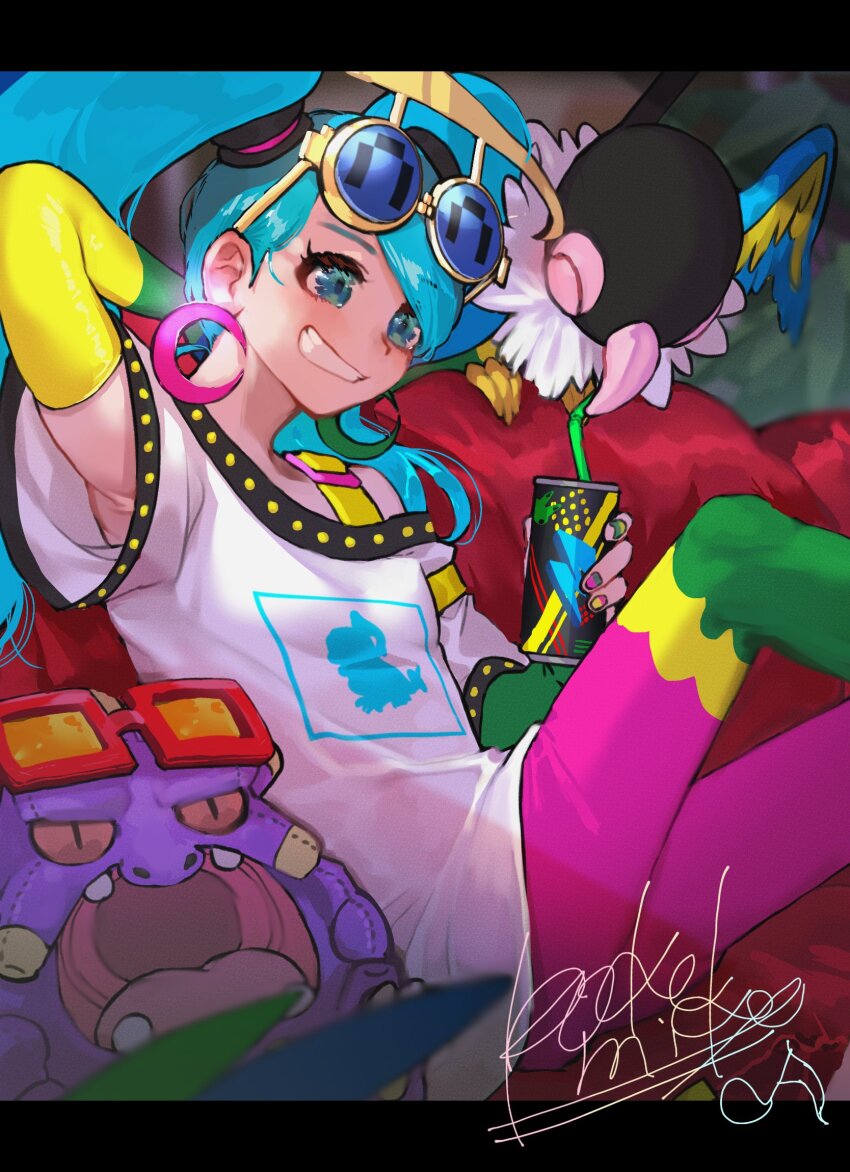 1girl arm_behind_head arm_up bird blue-tinted_eyewear blue_eyes blue_hair can chatot closed_eyes commentary couch creatures_(company) drink_can drinking drinking_straw earrings exploud eyewear_on_head game_freak gen_3_pokemon gen_4_pokemon grin hatsune_miku highres jewelry knees_up long_hair multicolored_nails multicolored_pants nail_polish nintendo normal_miku_(project_voltage) on_couch open_mouth pants pokemon pokemon_(creature) project_voltage red-framed_eyewear shiratori_yokikana shirt sitting smile soda_can sunglasses tinted_eyewear twintails very_long_hair vocaloid white_shirt yellow-framed_eyewear yellow-tinted_eyewear