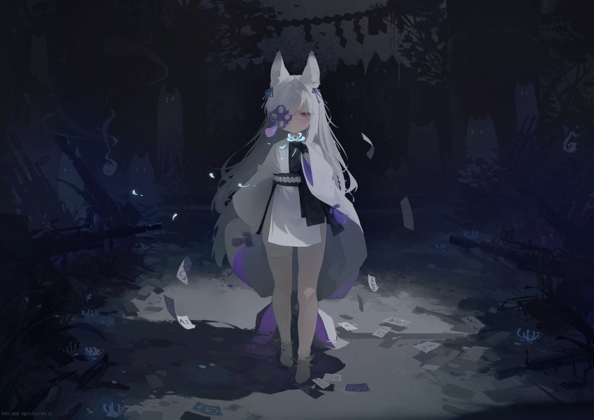 1girl 6+others absurdres animal_ear_fluff animal_ears azur_lane bandaged_leg bandages black_gloves blue_eyes chinese_commentary fox_girl gloves hair_over_one_eye highres kasumi_(azur_lane) kasumi_(meta)_(azur_lane) kasumi_1118 kitsune long_sleeves looking_at_viewer multiple_others night