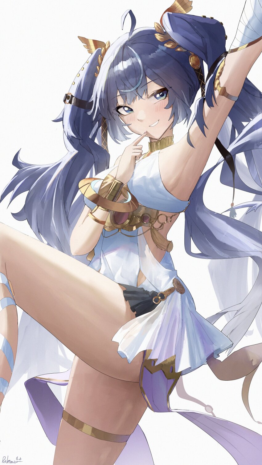 1girl absurdres ahoge ancient_greek_clothes arm_up black_skirt blue_eyes blue_hair breasts commentary finger_to_face from_side greco-roman_clothes head_wreath highres iuno_(wuthering_waves) long_hair looking_at_viewer medium_breasts parted_lips rakizuuu signature simple_background skirt smile solo thighs twintails very_long_hair white_background wuthering_waves