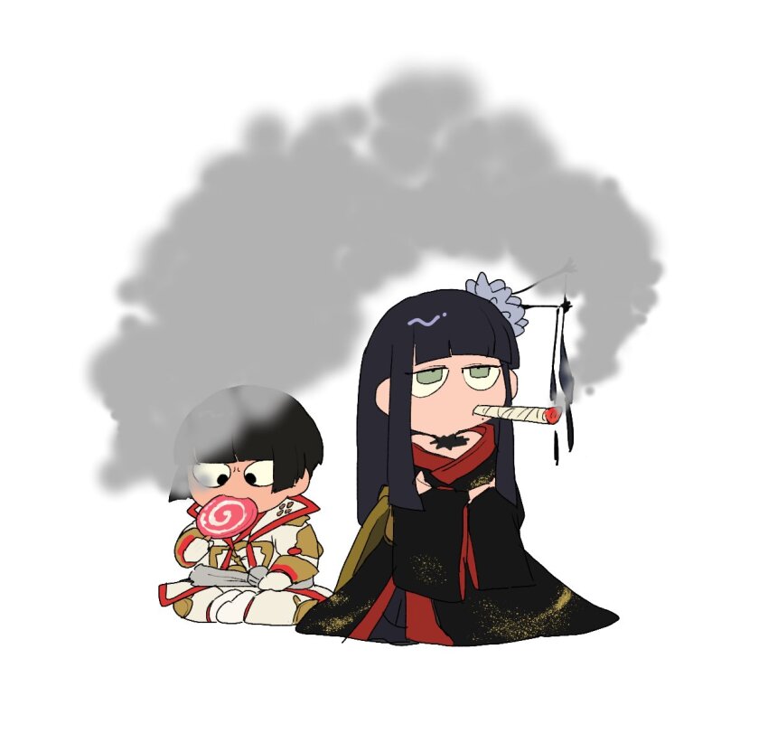 1boy 1girl asahi_sas_brutus black_eyes black_hair black_kimono blunt_bangs brother_and_sister candy chibi chibi_only cigar coat crossed_arms eating final_fantasy final_fantasy_xiv flower food full_body glaa_da green_eyes hair_flower hair_ornament highres holding holding_candy holding_food holding_lollipop hyur japanese_clothes jitome kimono lollipop long_hair no_nose obi red_trim sash short_hair siblings simple_background sitting smoke smoking straight_hair wariza white_background white_coat yotsuyu_goe_brutus