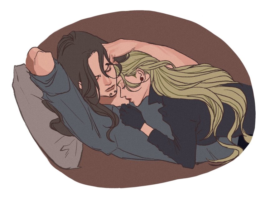 1boy 1girl arm_behind_head black_dress black_gloves blonde_hair brown_hair closed_eyes commentary_request dress earrings facial_hair gloves goatee highres jewelry kalifa_(one_piece) long_hair lying lying_on_person on_back one_piece popsweetyio shirt