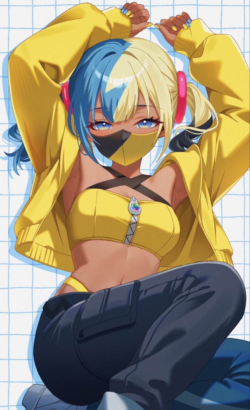 1girl aqua_hair bandeau black_mask blonde_hair blue_eyes breasts canari_(pokemon) center-flap_bangs criss-cross_straps dark-skinned_female dark_skin highres jacket karaage_(xxxmido02) looking_at_viewer mask mega_ring mega_stone midriff mouth_mask multicolored_hair nail_polish navel nintendo pants pokemon pokemon_legends:_z-a short_twintails solo split-color_hair sports_bra twintails two-tone_hair two-tone_mask two-tone_pants yellow_bandeau yellow_jacket yellow_mask yellow_sports_bra
